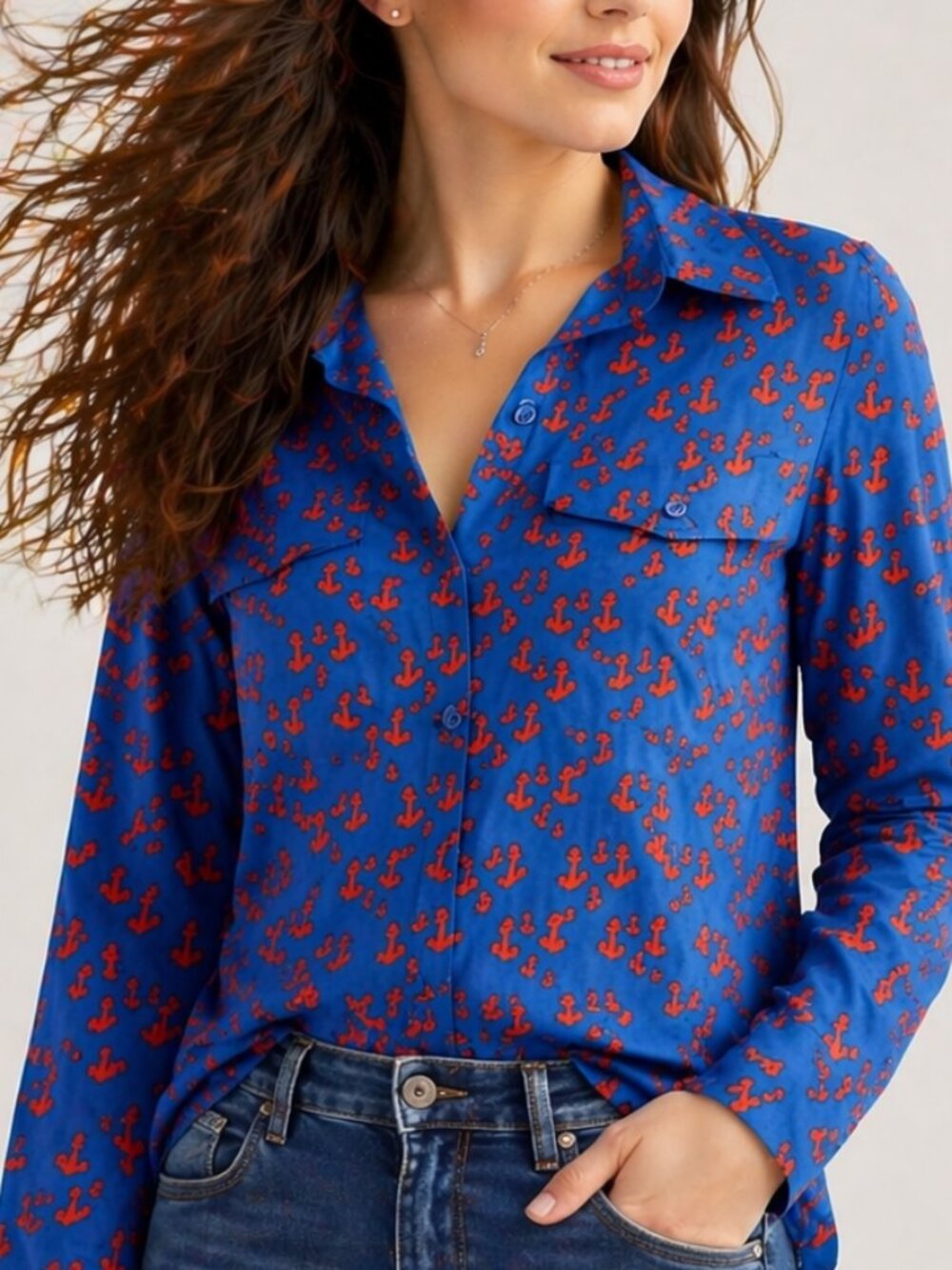 Tommy Hilfiger Dark Teal Anchor Print Tunic Shirt NWOT | High Low Hem | M - Picture 1 of 10